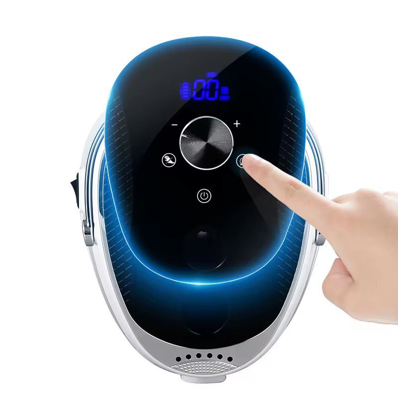 Ecran digital cu afisaj LED si butoane tactile pentru controlul vitezei si verificarea nivelului de baterie la freza portabila.
