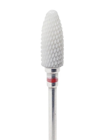 Freza ceramica unghii, conica tip flacara, granulatie fina/medie, inel rosu
