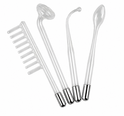 Electrozi din sticla pentru electroderm cosmetic profesional, set complet cu cap pieptene, cap ciuperca, cap lingura si 