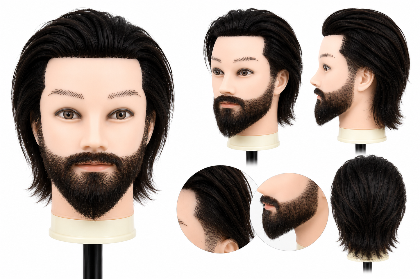 Exemple de tunsori masculine, tehnici de fade, taper si conturare barba realizate pe capul de practica din par uman.