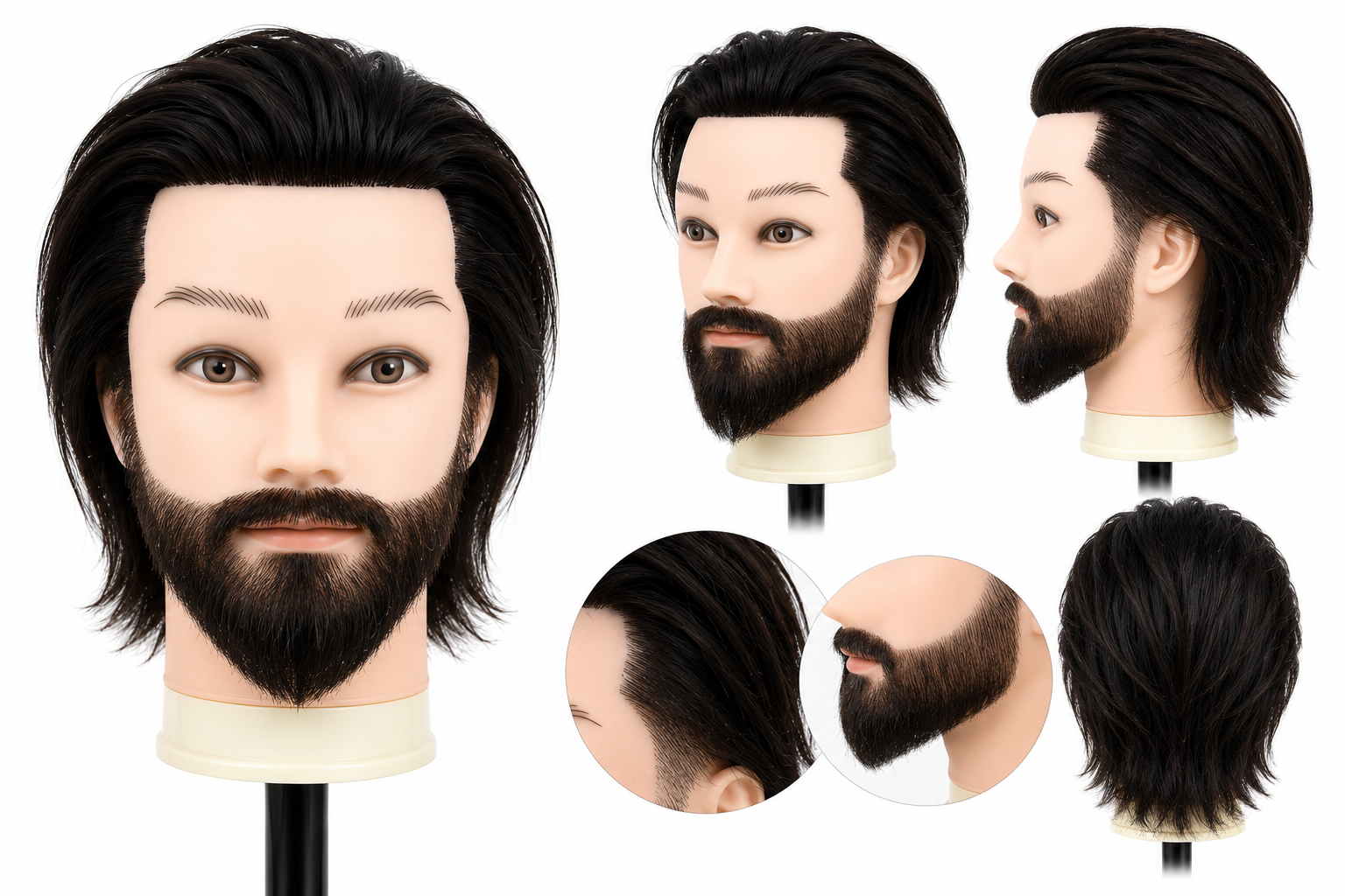 Exemple de tunsori masculine, tehnici de fade, taper si conturare barba realizate pe capul de practica din par uman.