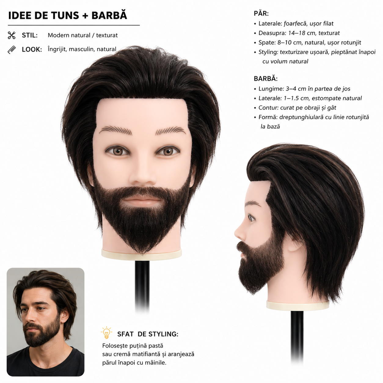 Fisa cu specificatiile tehnice ale capului de practica cu par si barba naturala si exemple de tunsori realizabile.