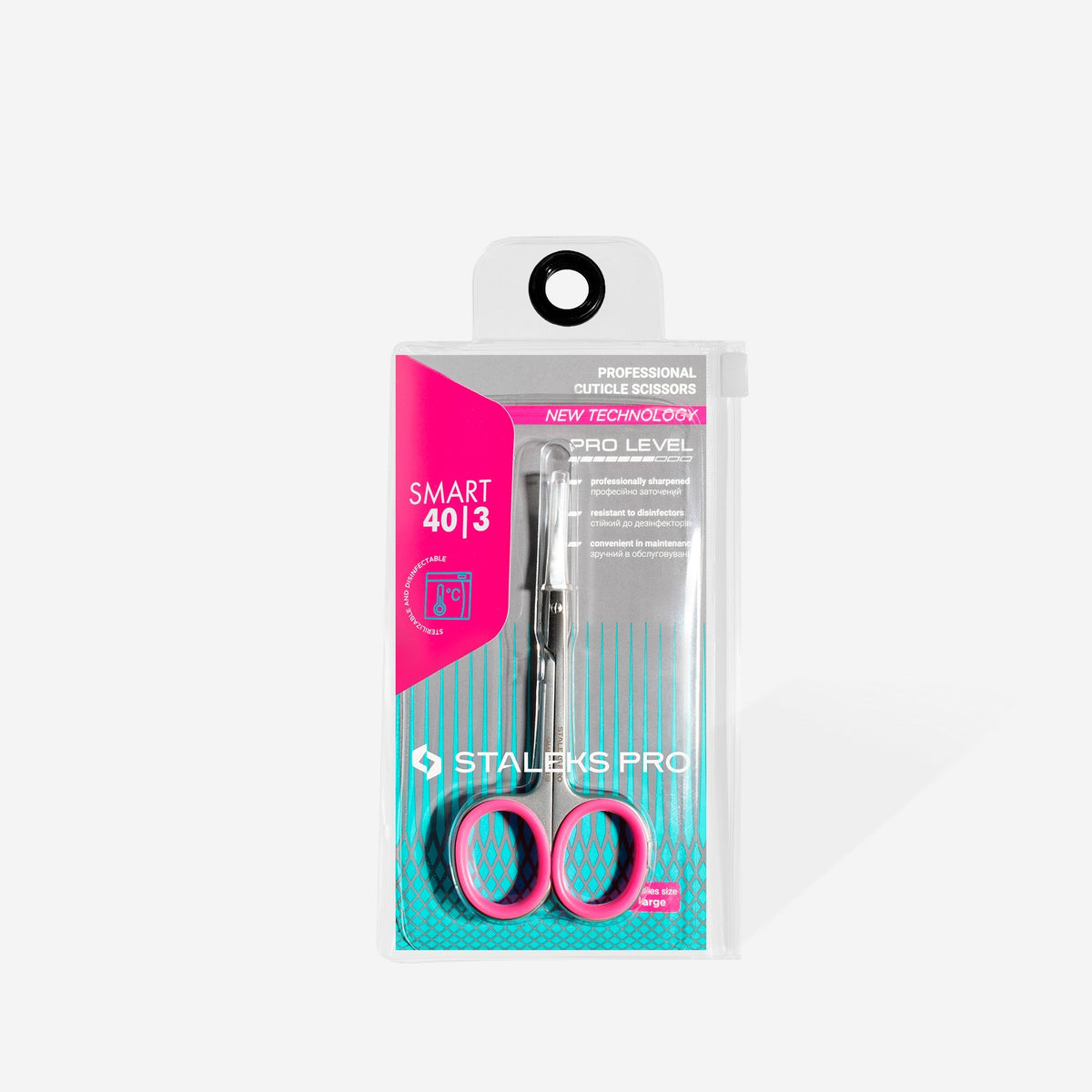 Forfecuță profesională pentru cuticule STALEKS SMART 40 TYPE 3 SS-40/3, cu inserții roz din silicon în inele, prezentată în ambalajul original.