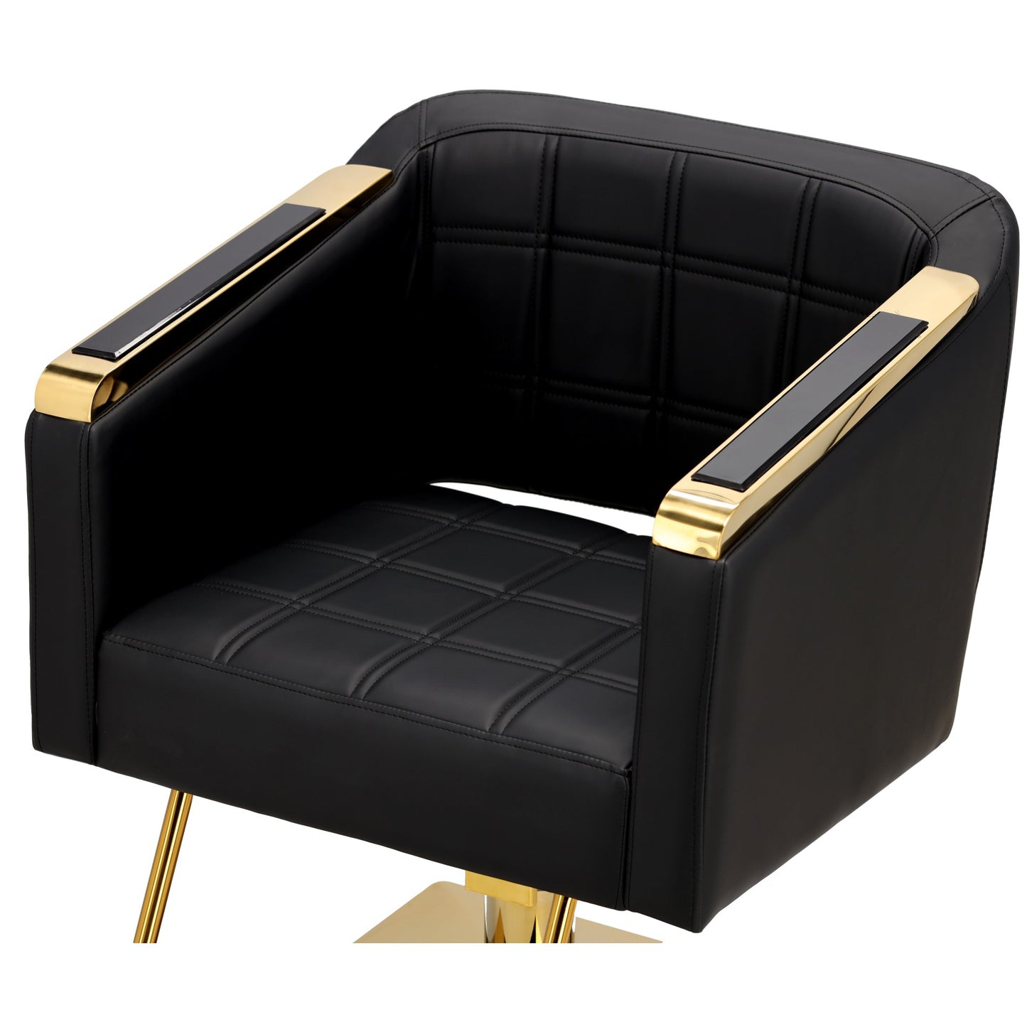 Vedere din unghi a scaunului de coafor Pikos Gold, prezentand cotierele decorate cu platbanda aurie si tapiteria neagra rezistenta.
