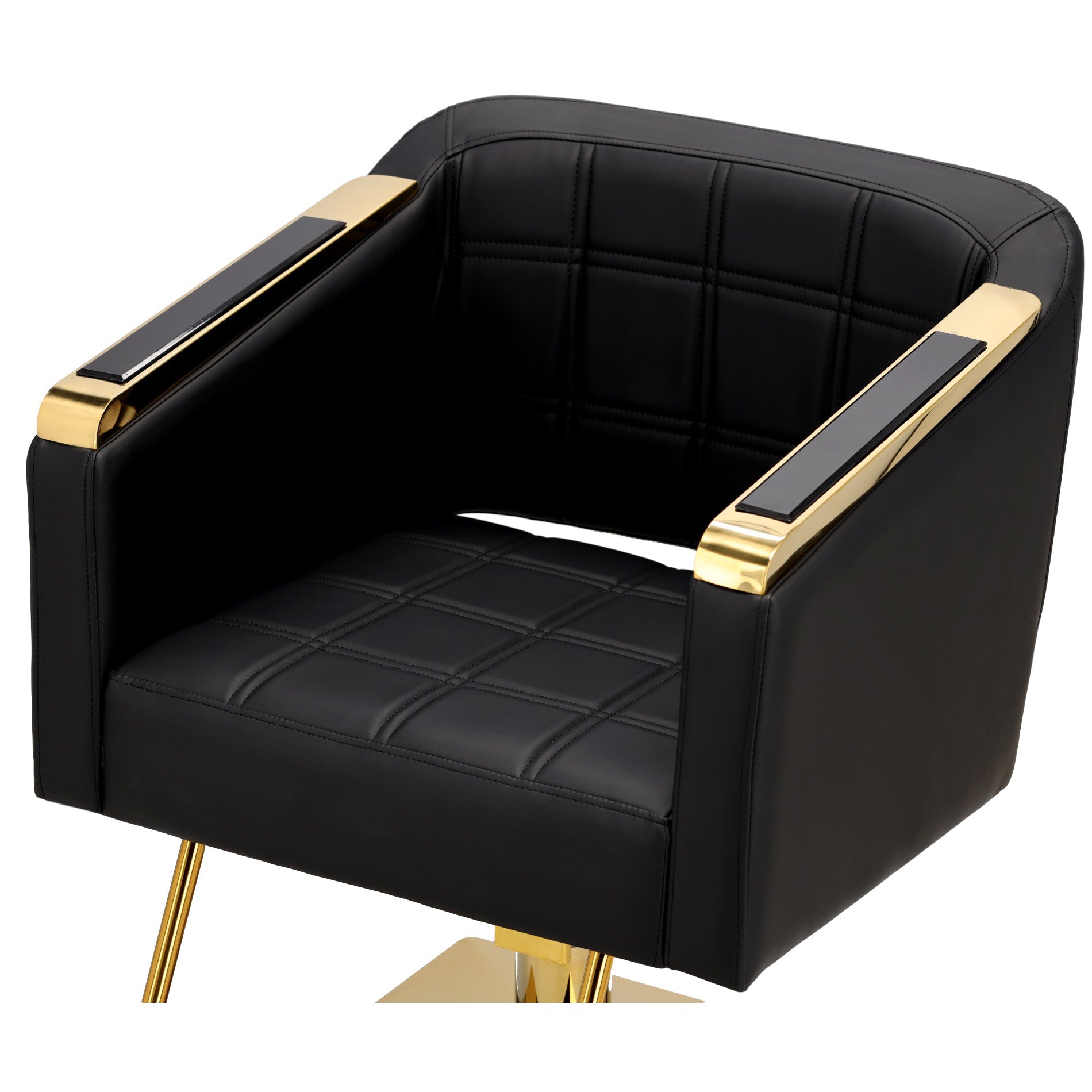Vedere din unghi a scaunului de coafor Pikos Gold, prezentand cotierele decorate cu platbanda aurie si tapiteria neagra rezistenta.