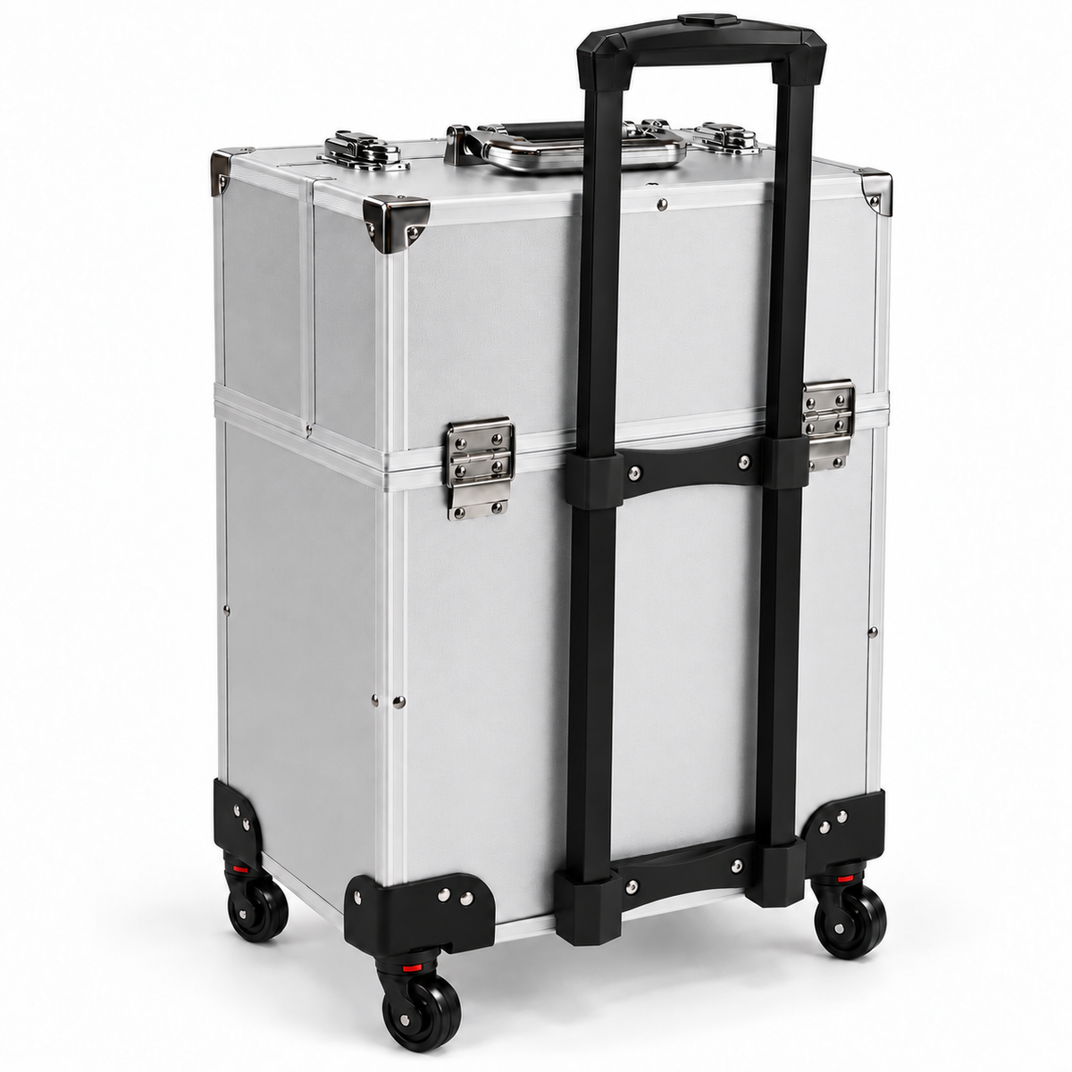 Geanta troler make-up argintie, vedere din spate cu maner telescopic ridicat, doua sine negre si traverse de fixare. Organizator mobil pentru cosmetice si accesorii beauty, cu rama metalica, protectii la baza si roti pivotante cu frane rosii.