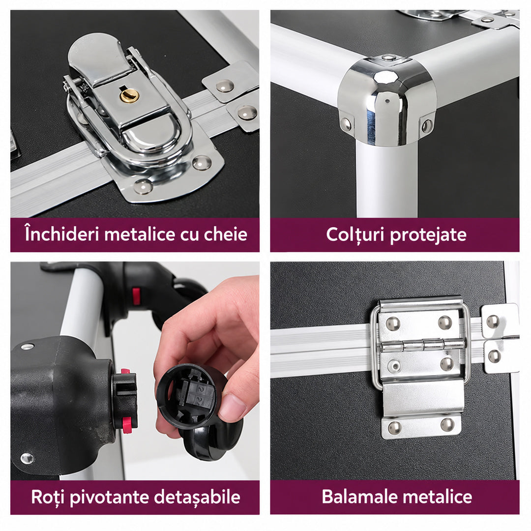 Detalii constructive ale gentii troler profesionale negre: inchidere metalica cu cheie, colt cromat de protectie, sistem de prindere a rotii pivotante detasabile si balama metalica. Fotografii de aproape ale accesoriilor de fixare si exteriorului texturat.
