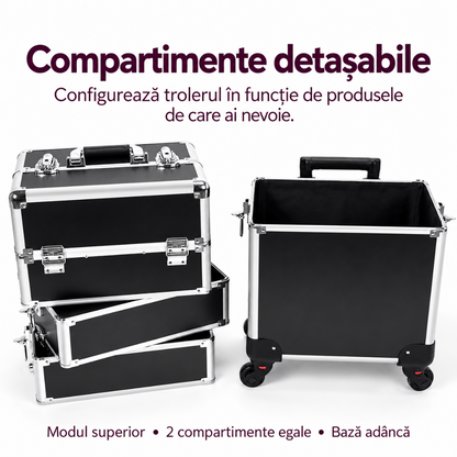 Cele patru compartimente detasabile ale gentii troler make-up negre: modul superior inchis cu maner de transport, doua compartimente intermediare egale cu insertii din spuma si baza adanca separata pe roti, pentru organizarea cosmeticelor si aparaturii beauty.