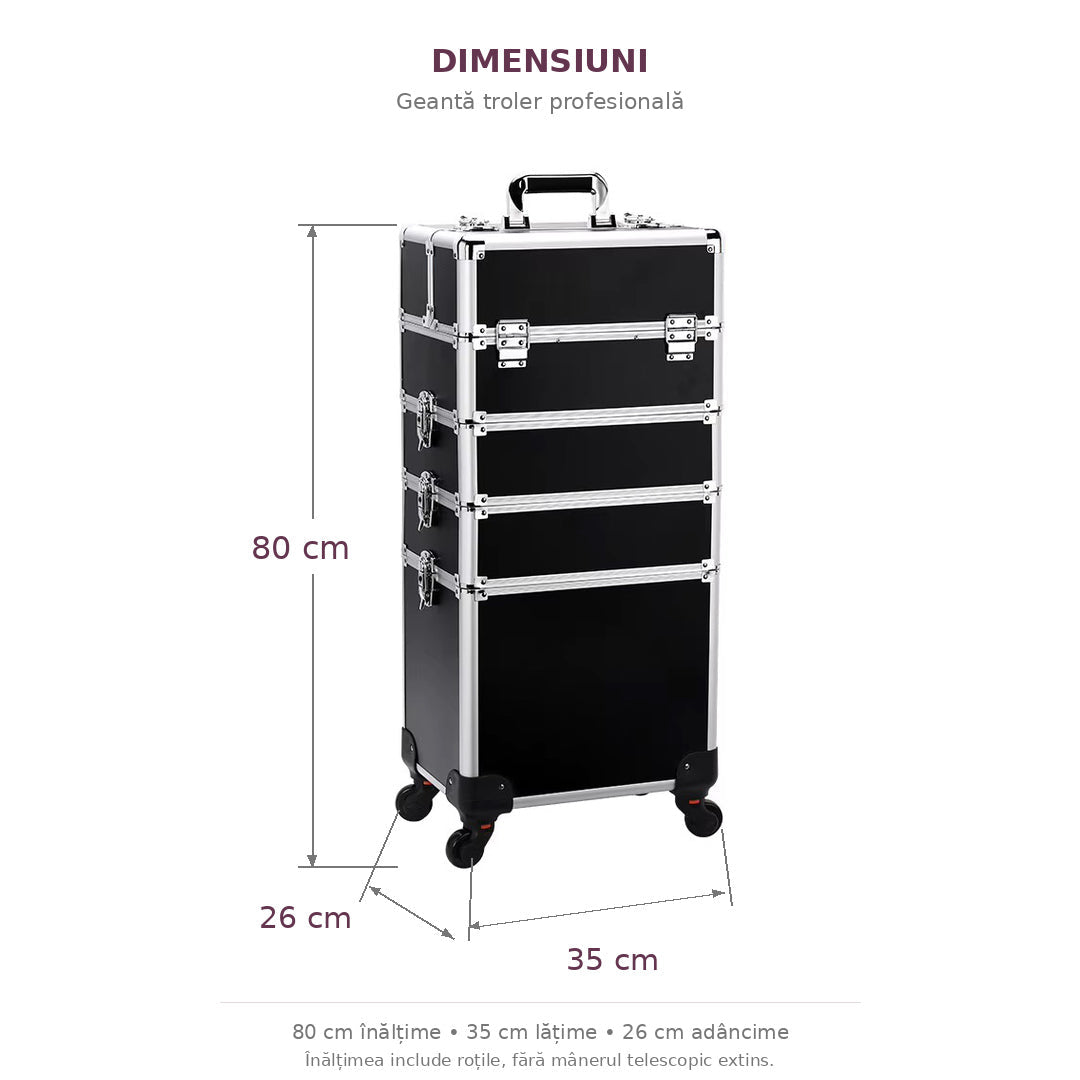 Dimensiunile gentii troler profesionale negre cu patru compartimente detasabile: 80 cm inaltime cu roti, 35 cm latime si 26 cm adancime. Vedere din unghi cu sageti de masurare; inaltimea nu include manerul telescopic extins.