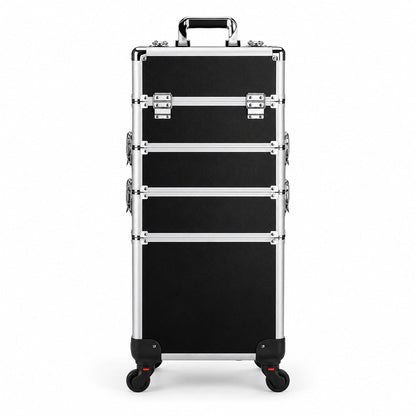 Geanta troler profesionala pentru make-up si manichiura, neagra, vedere frontala, cu 4 compartimente detasabile, rama metalica argintie, colturi protejate, maner superior si roti pivotante detasabile pentru transportul cosmeticelor si accesoriilor beauty.