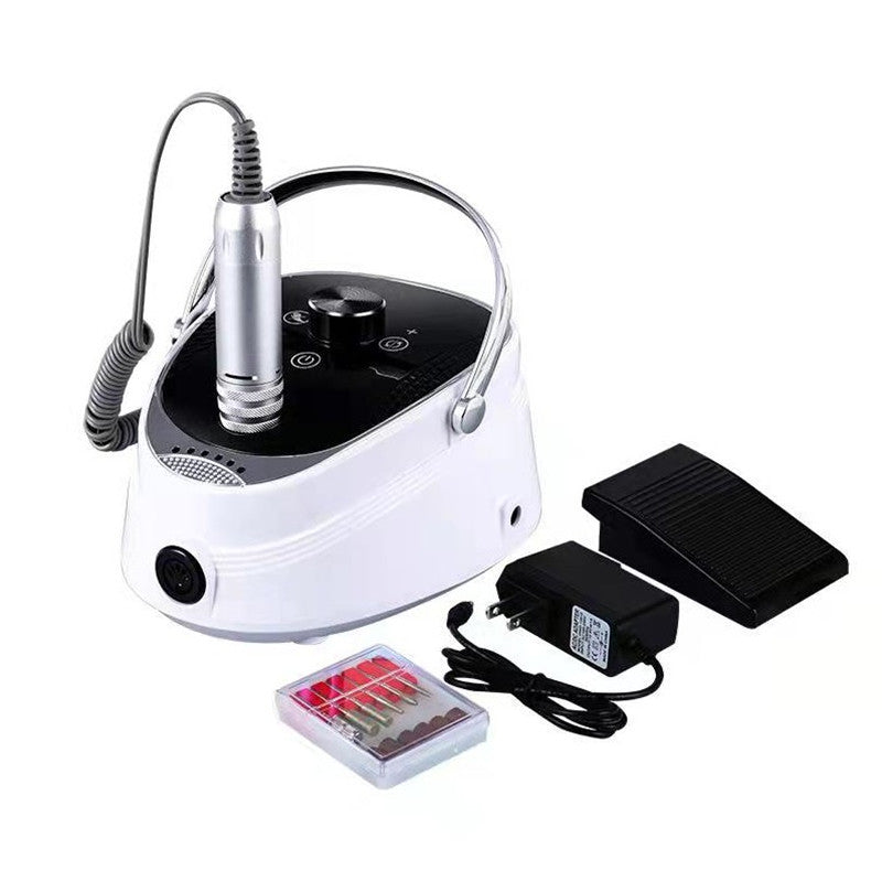 Kit complet cu aparat de pila electrica reincarcabila pentru manichiura si pedichiura, cu toate accesoriile pe fundal alb.
