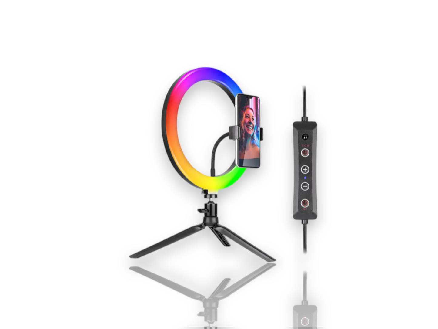 Ring Light LED RGB, Lampa circulara color 26cm, cu stativ de masa si suport telefon