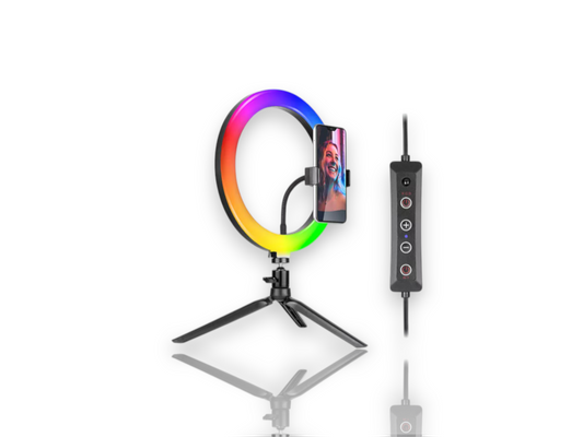 Ring Light LED RGB, Lampa circulara color 26cm, cu stativ de masa si suport telefon