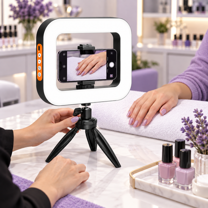 Lampă LED cu trepied de masă și suport pentru telefon utilizată pentru fotografierea manichiurii