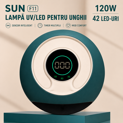 Lampa UV LED SUN F11 prezentata frontal, cu accent pe design si puterea de 120W