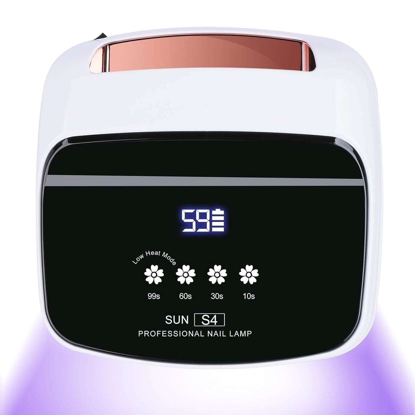 Vedere frontala a lampii pentru unghii SUN S4 288W, evidentiind afisajul LCD, temporizatorul digital si lumina UV violet Ideal Beauty.