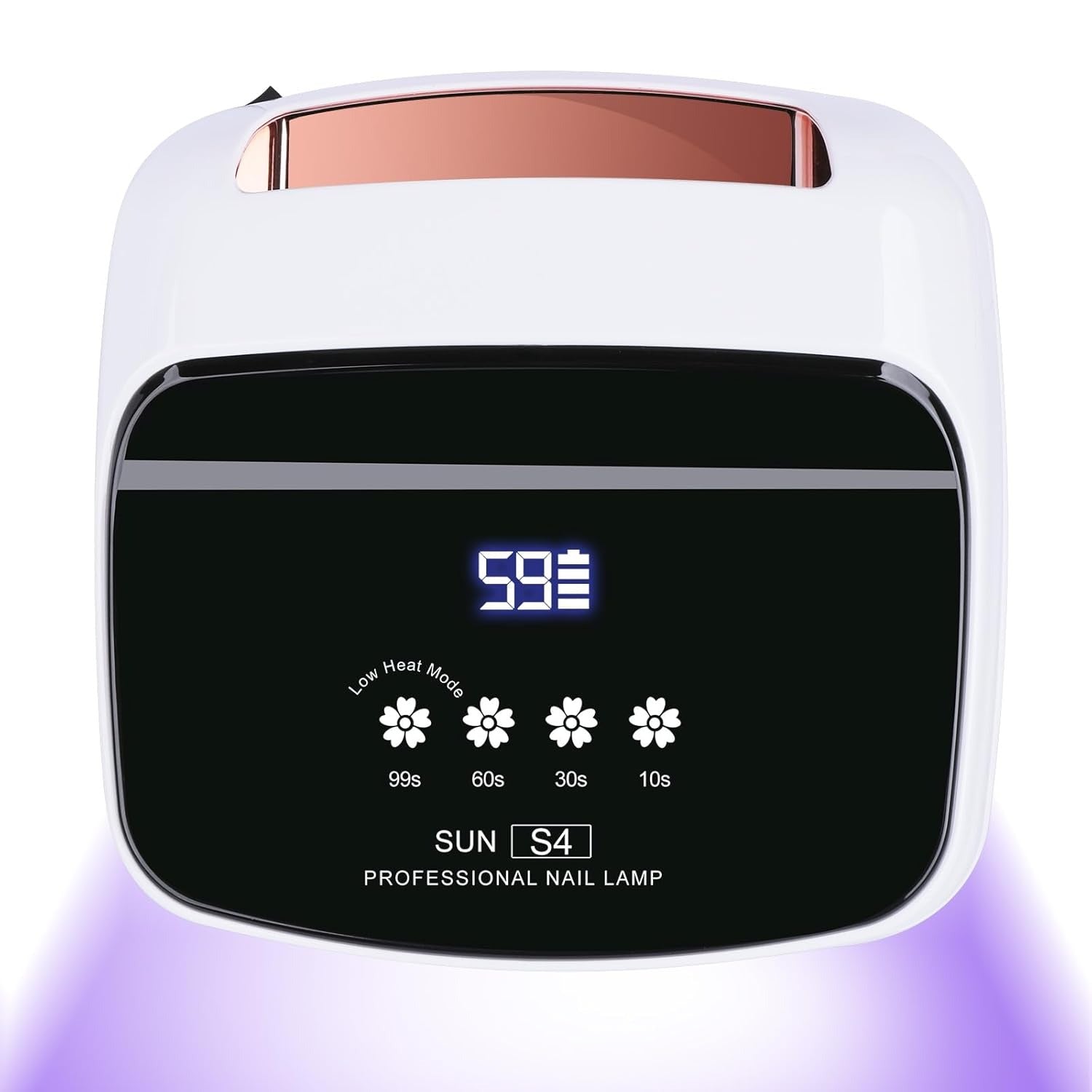 Vedere frontala a lampii pentru unghii SUN S4 288W, evidentiind afisajul LCD, temporizatorul digital si lumina UV violet Ideal Beauty.