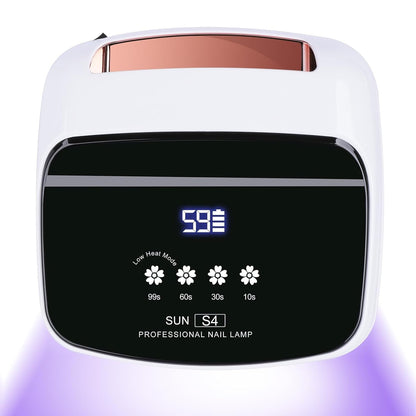 Vedere frontala a lampii pentru unghii SUN S4 288W, evidentiind afisajul LCD, temporizatorul digital si lumina UV violet Ideal Beauty.
