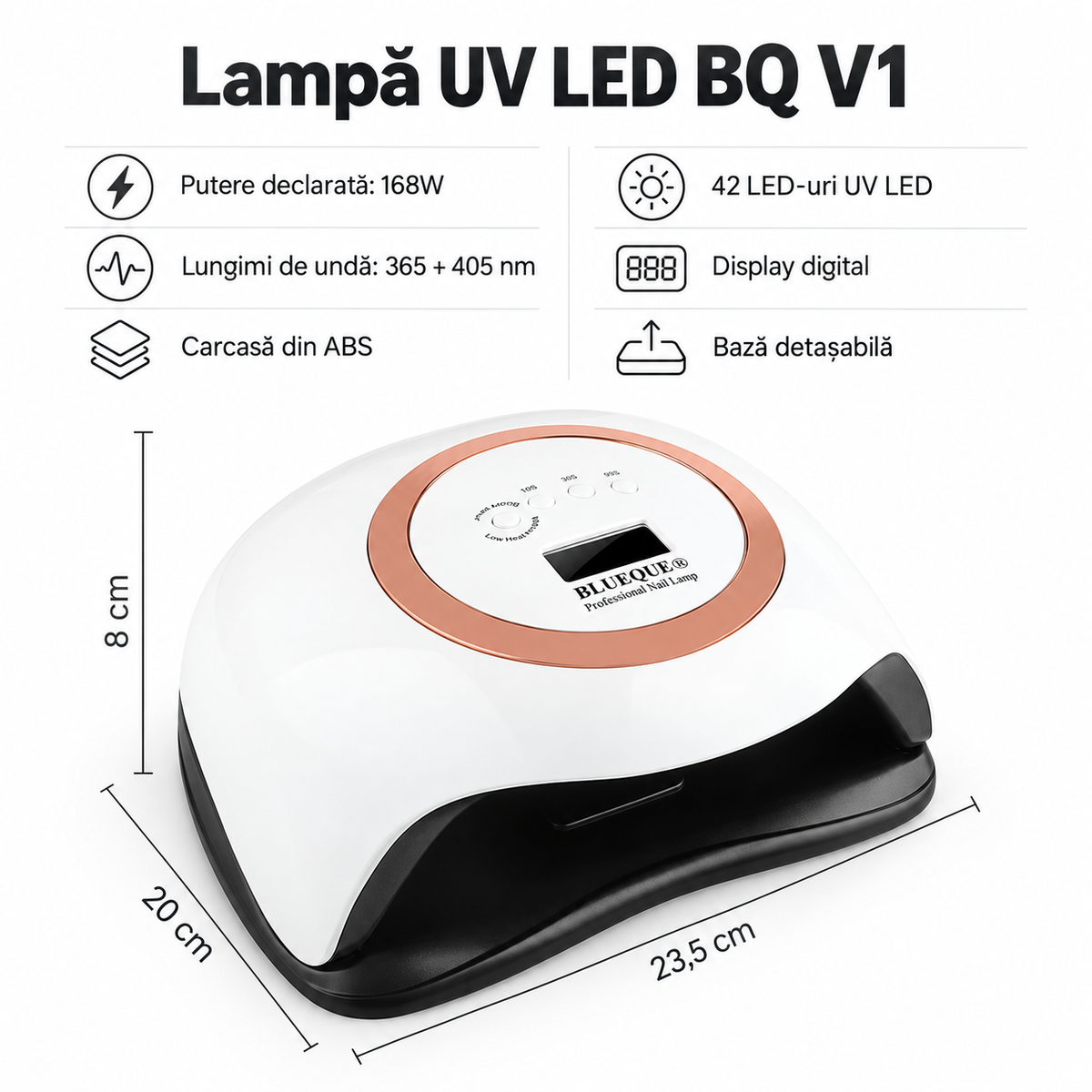 Specificații lampă UV LED BQ V1: putere declarată 168W, 42 de LED-uri, afișaj digital și dimensiuni 23,5 × 20 × 8 cm.