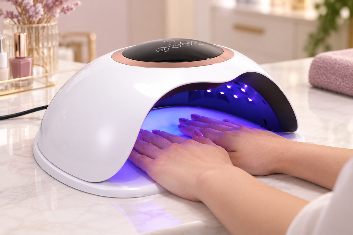 Lampa UV LED unghii BQ V2 168W pe masa de manichiura din salon, cu doua maini in interior, iluminate de LED-uri si panou digital vizibil, pentru manichiura cu gel si oja semipermanenta.