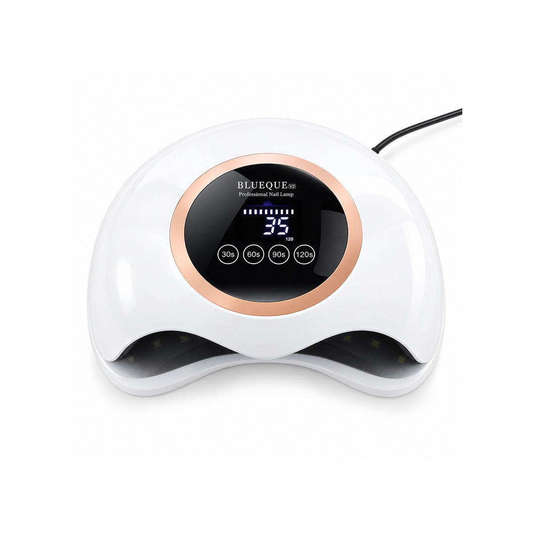Lampa UV LED unghii BQ V2 168W vazuta de sus, cu display digital, patru temporizatoare de 30, 60, 90 si 120 de secunde, panou negru cu rama rose gold, carcasa alba si cablu de alimentare.