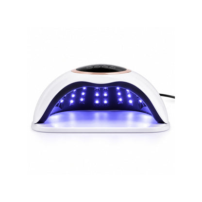 Lampa UV LED unghii BQ V2 pentru doua maini, vedere frontala cu deschidere larga, interior negru, LED-uri aprinse si baza alba, pentru polimerizarea gelului si a ojei semipermanente.