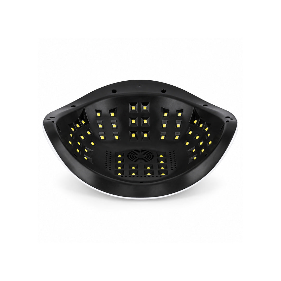Interiorul lampii UV LED unghii BQ V2, vedere de dedesubt cu LED-uri distribuite pe suprafata interioara si pe laterale, carcasa neagra si grila circulara centrala, cu baza detasabila indepartata.
