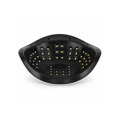 Interiorul lampii UV LED unghii BQ V2, vedere de dedesubt cu LED-uri distribuite pe suprafata interioara si pe laterale, carcasa neagra si grila circulara centrala, cu baza detasabila indepartata.