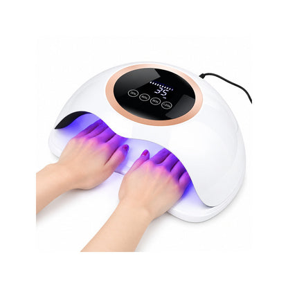 Lampa UV LED unghii BQ V2 168W pentru doua maini, alba cu detalii rose gold, display digital si lumina albastra, cu ambele maini introduse pentru manichiura cu gel sau oja semipermanenta.
