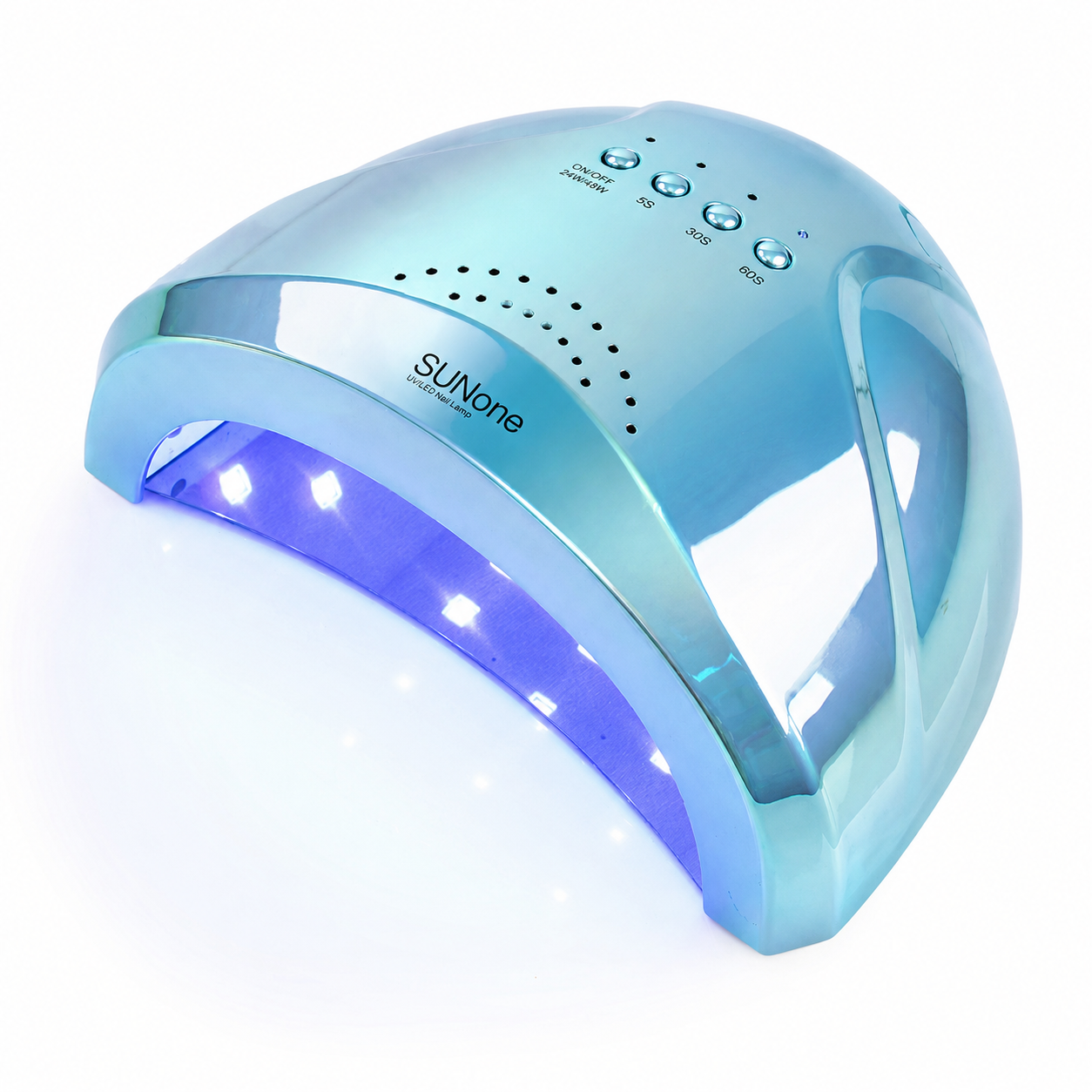 Lampa profesionala de unghii SUNone albastra metalizata cu reflexii oglinda, lasand sa se vada lumina UV din interior