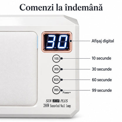 Detaliu al panoului de comandă al lămpii UV LED SUN H18 PLUS, cu afișaj digital încadrat de o ramă metalică roz-aurie și butoane de temporizare explicate în limba română.