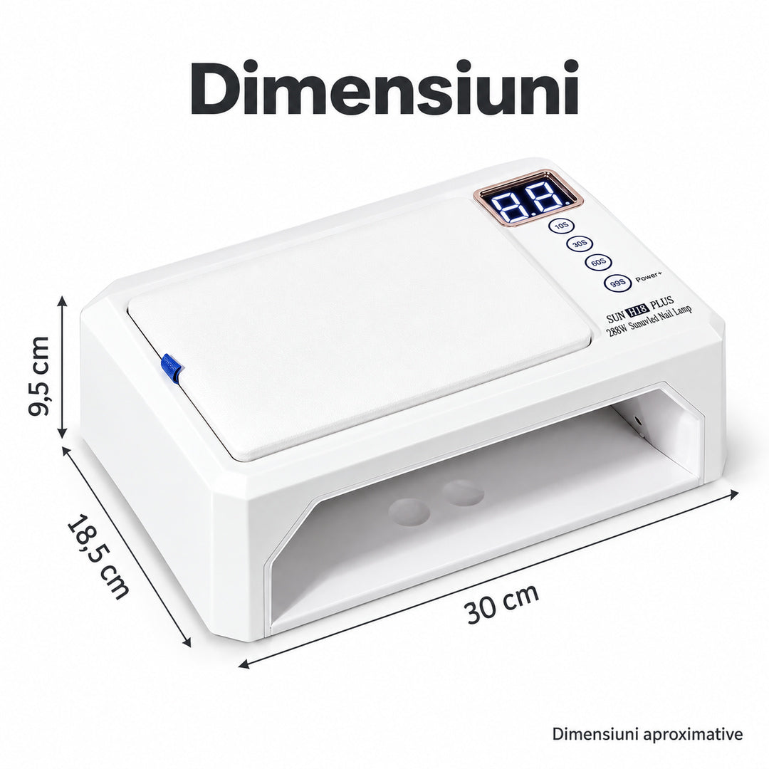 Lampă UV LED SUN H18 PLUS cu suport pentru mână și dimensiuni aproximative indicate: lățime 30 cm, adâncime 18,5 cm și înălțime 9,5 cm.
