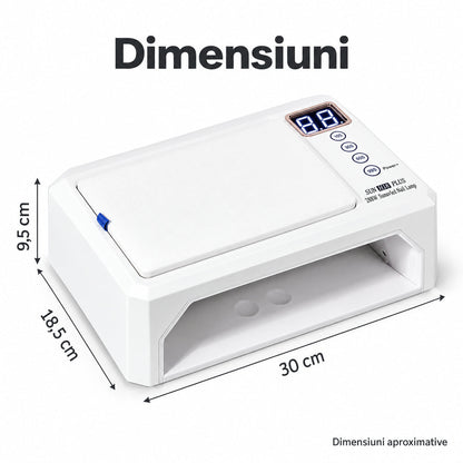 Lampă UV LED SUN H18 PLUS cu suport pentru mână și dimensiuni aproximative indicate: lățime 30 cm, adâncime 18,5 cm și înălțime 9,5 cm.