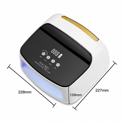 Schita cu dimensiunile exterioare precise ale lampii profesionale de unghii SUN S4 288W reincarcabile Ideal Beauty.