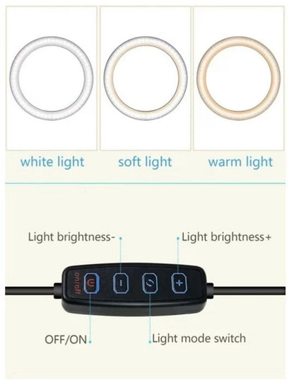 Ring Light | LED | 20cm diametru | USB | 3 moduri lumina - 10 trepte de reglaj | cu suport pt. telefon
