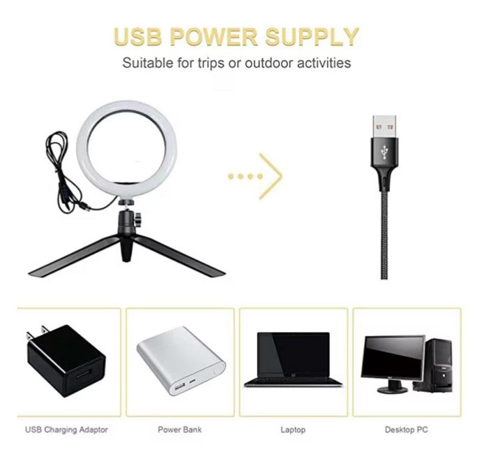 Ring Light | LED | 20cm diametru | USB | 3 moduri lumina - 10 trepte de reglaj | cu suport pt. telefon