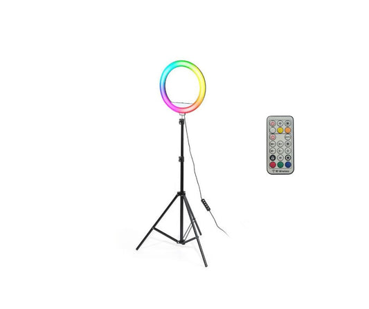 Ring Light LED RGB cu telecomanda, Lampa circulara color 26cm, trepied 210cm | LJJ26