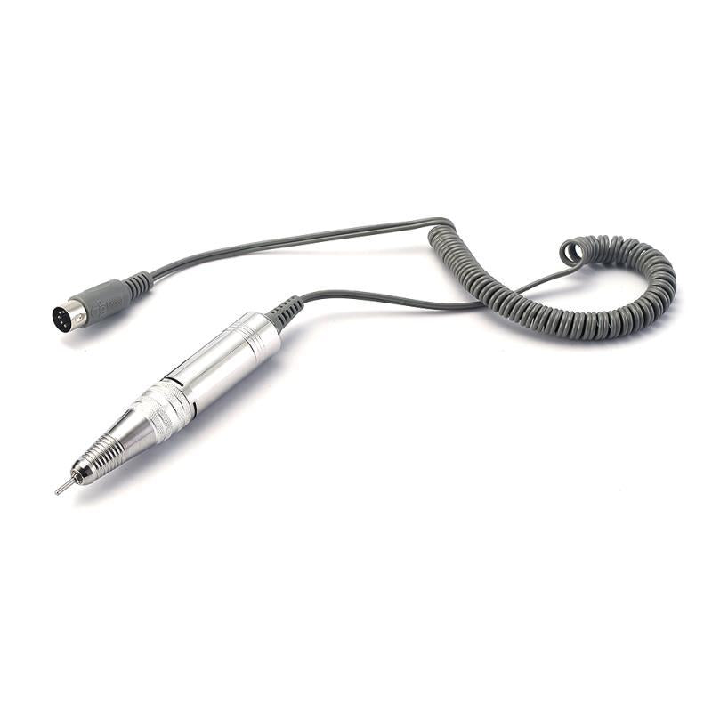 Vedere completa a mandrinei argintii cu cablu flexibil intins, evidentiand clar mufa de conexiune universala cu 5 pini pentru freze electrice.