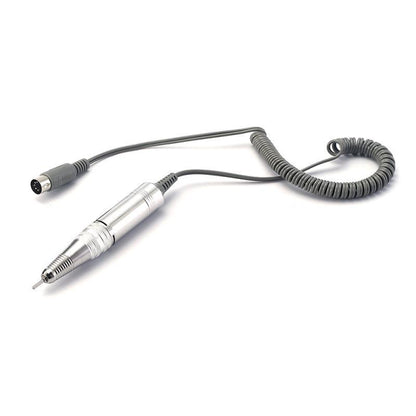 Vedere completa a mandrinei argintii cu cablu flexibil intins, evidentiand clar mufa de conexiune universala cu 5 pini pentru freze electrice.