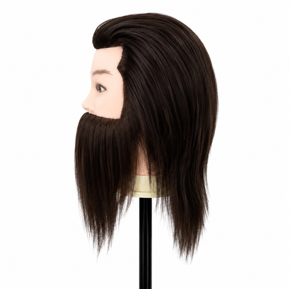 Profil dreapta al capului de practica saten inchis cu par uman 15 cm si barba lunga pentru cursurile de frizerie.