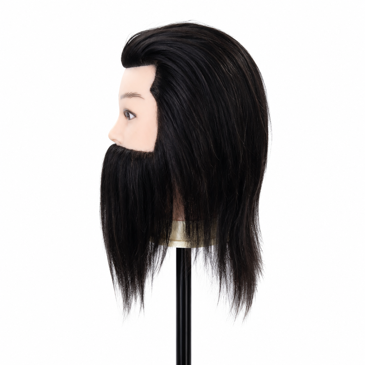 Profil stanga al manechinului de tuns negru cu barba lunga din par natural pentru exersare tehnici barber.