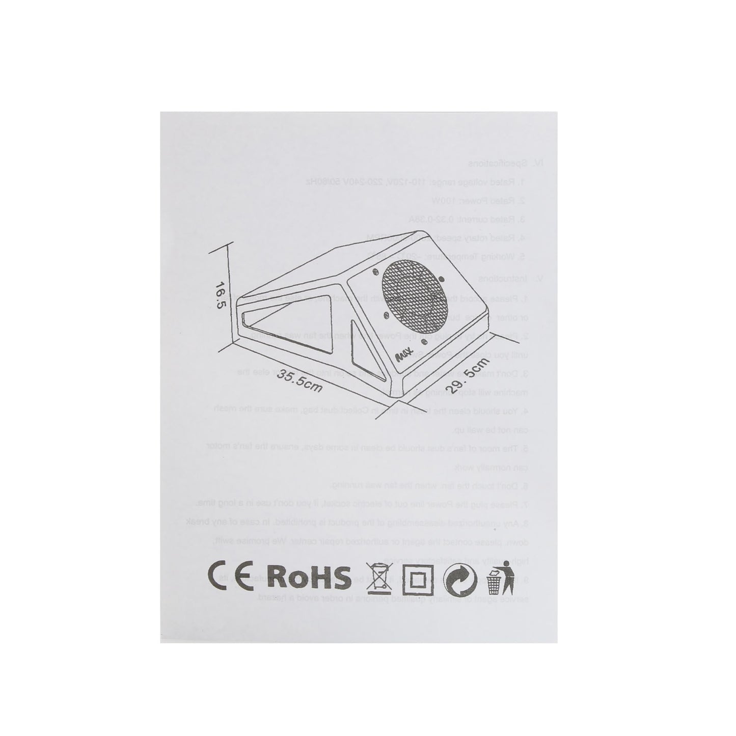 Carticica si fisa cu manualul de instructiuni de utilizare si certificare pentru aspiratorul MAX 100W Ideal Beauty.