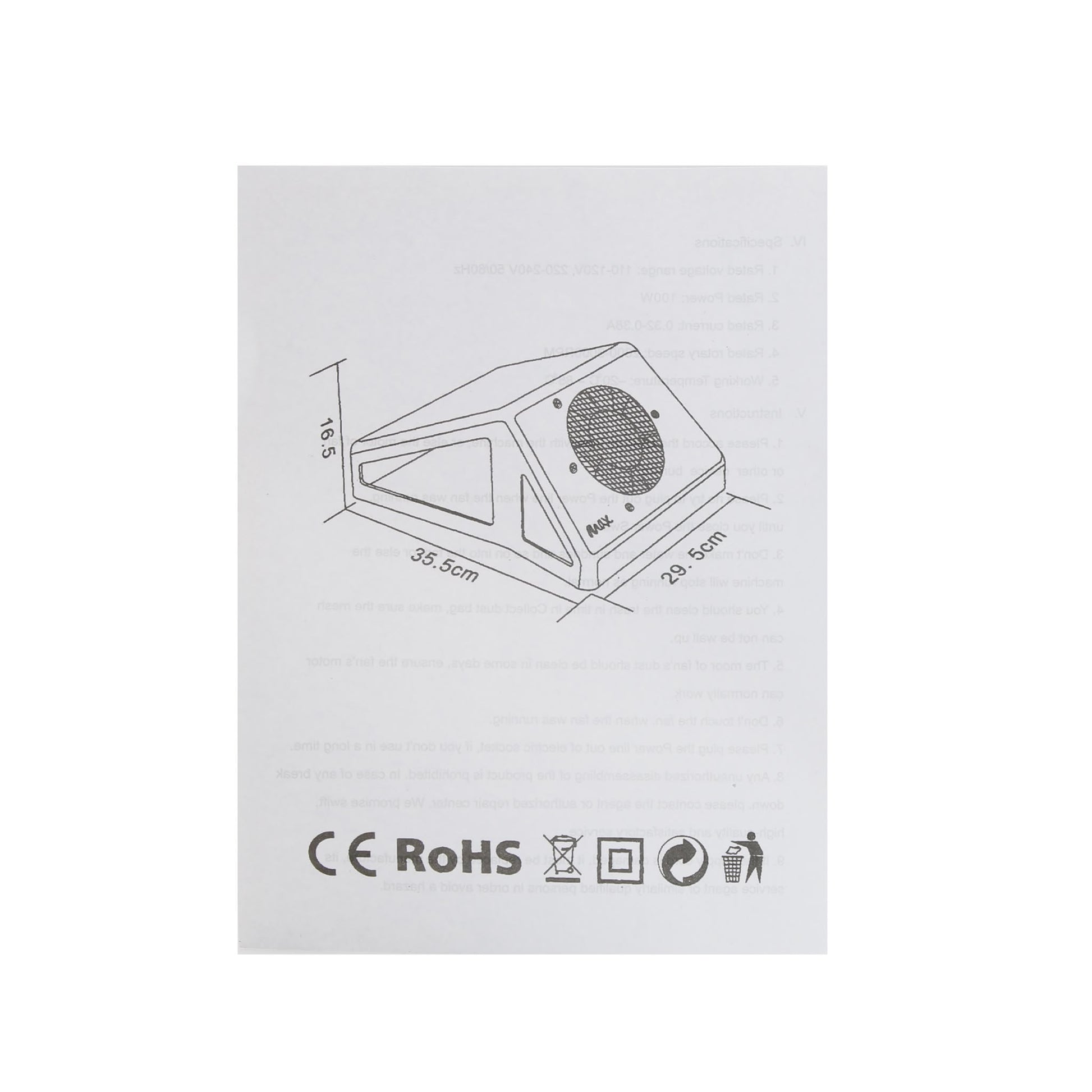 Carticica si fisa cu manualul de instructiuni de utilizare si certificare pentru aspiratorul MAX 100W Ideal Beauty.
