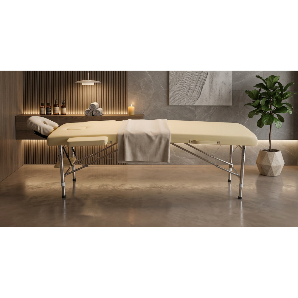 Masa Gene / Pat Masaj Portabil din Aluminiu Premium Gold, de culoare bej, asezat intr-un cadru modern de salon de infrumusetare, cu o planta decorativa si perete de accent in spate.