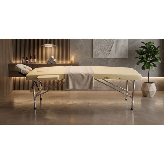 Masa Gene / Pat Masaj Portabil din Aluminiu Premium Gold, de culoare bej, asezat intr-un cadru modern de salon de infrumusetare, cu o planta decorativa si perete de accent in spate.