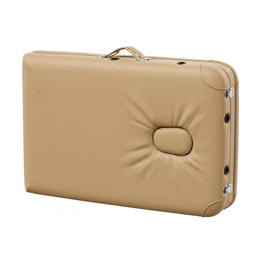 Masa Gene / Pat Masaj Portabil din Aluminiu Premium Gold, pliat compact sub forma de geanta bej cu maner de transport, pe fundal alb