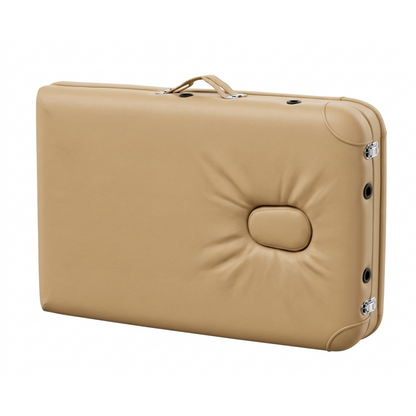 Masa Gene / Pat Masaj Portabil din Aluminiu Premium Gold, pliat compact sub forma de geanta bej cu maner de transport, pe fundal alb