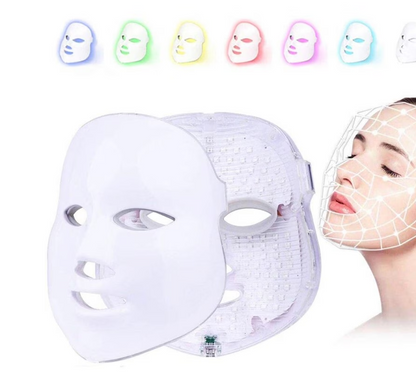 Masca LED pentru fata si gat inclusa in combina Hydrafacial, ilustrata alaturi de cele 7 culori si lungimi de unda pentru fotostimulare.