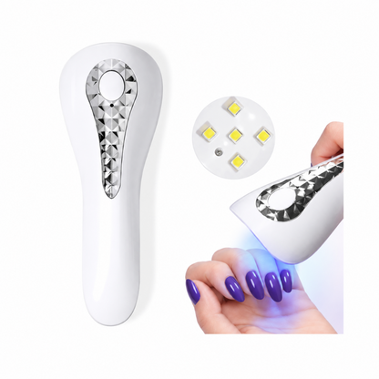 Mini lampă UV LED 18W portabilă cu acumulator, albă cu detalii argintii, prezentată în utilizare pe unghii violet, cu lu
