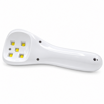 Mini lampă UV LED 18W portabilă cu acumulator, vedere inferioară cu cele 5 LED-uri și carcasa albă.
